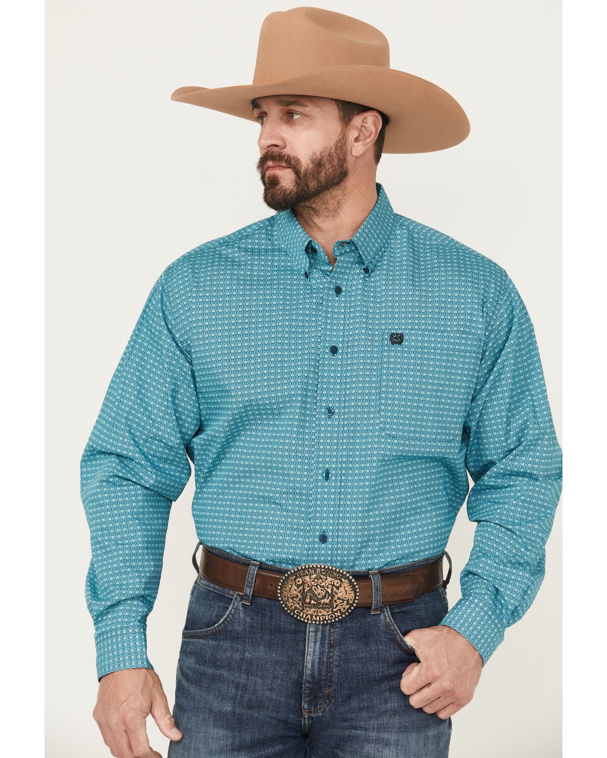 Cinch Men's Geo Print Long Sleeve Button-Down Western Shirt, Turquoise, hi-res
