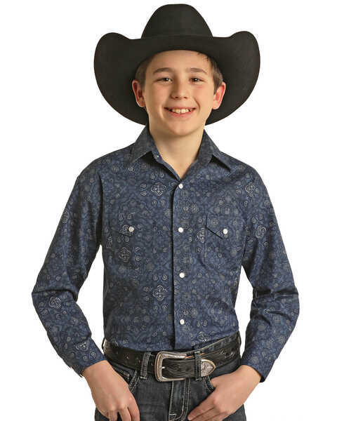Panhandle Boys' Bandana Print Long Sleeve Snap Western Shirt , Navy, hi-res