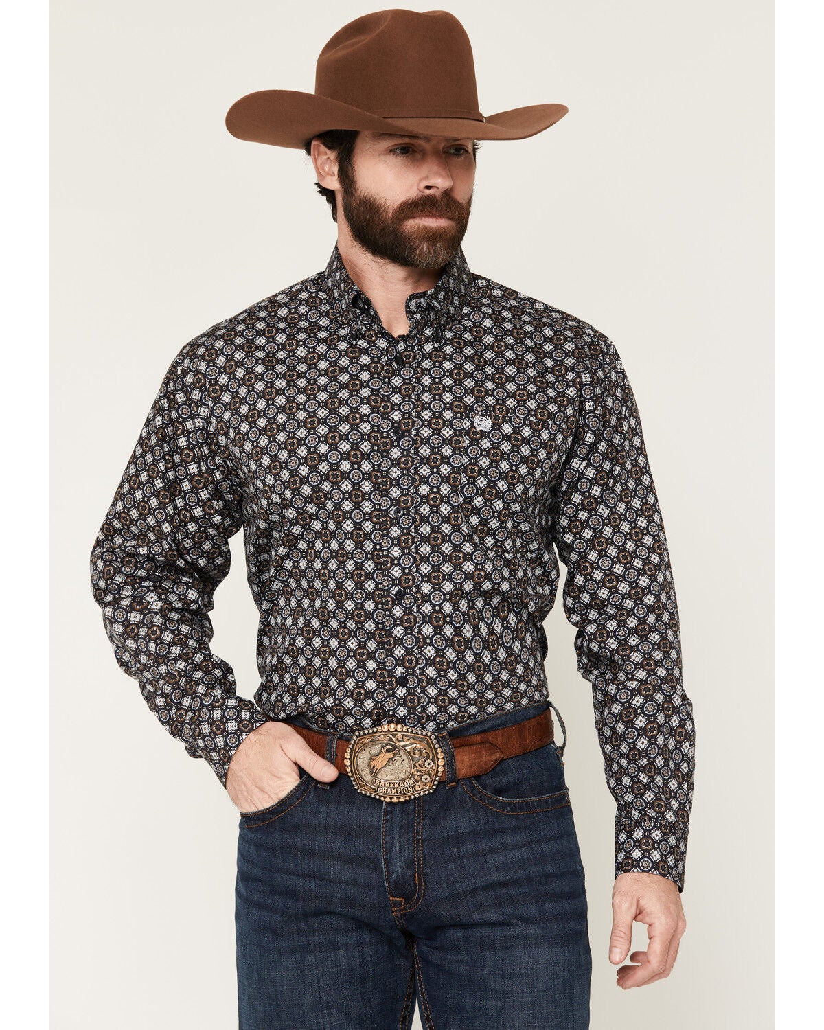 Image #1 - Cinch Men's Geo Print Long Sleeve Button-Down Western Shirt, Navy, hi-res