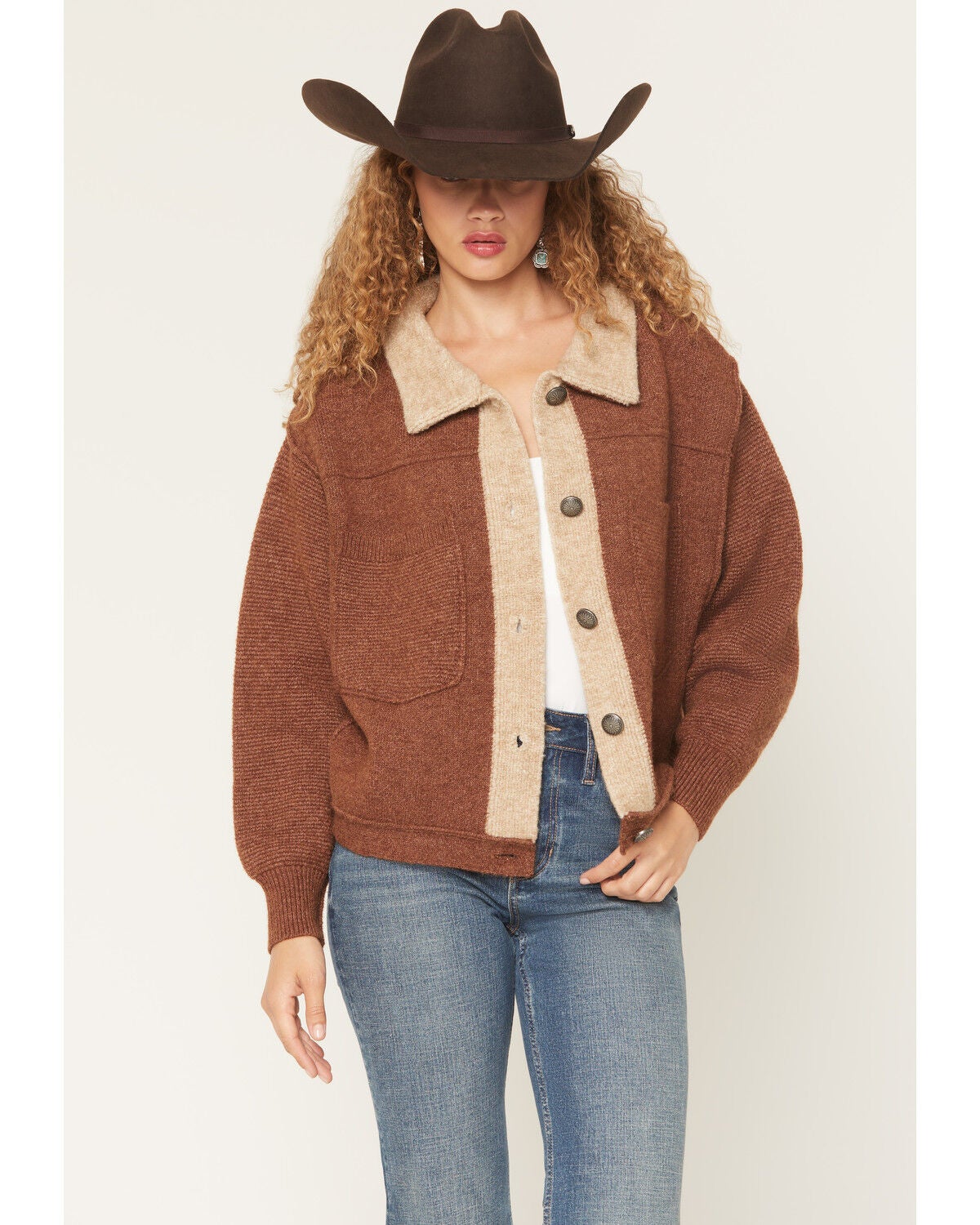 Cotton & Rye Women's Color Block Cropped Shacket, Brown, hi-res