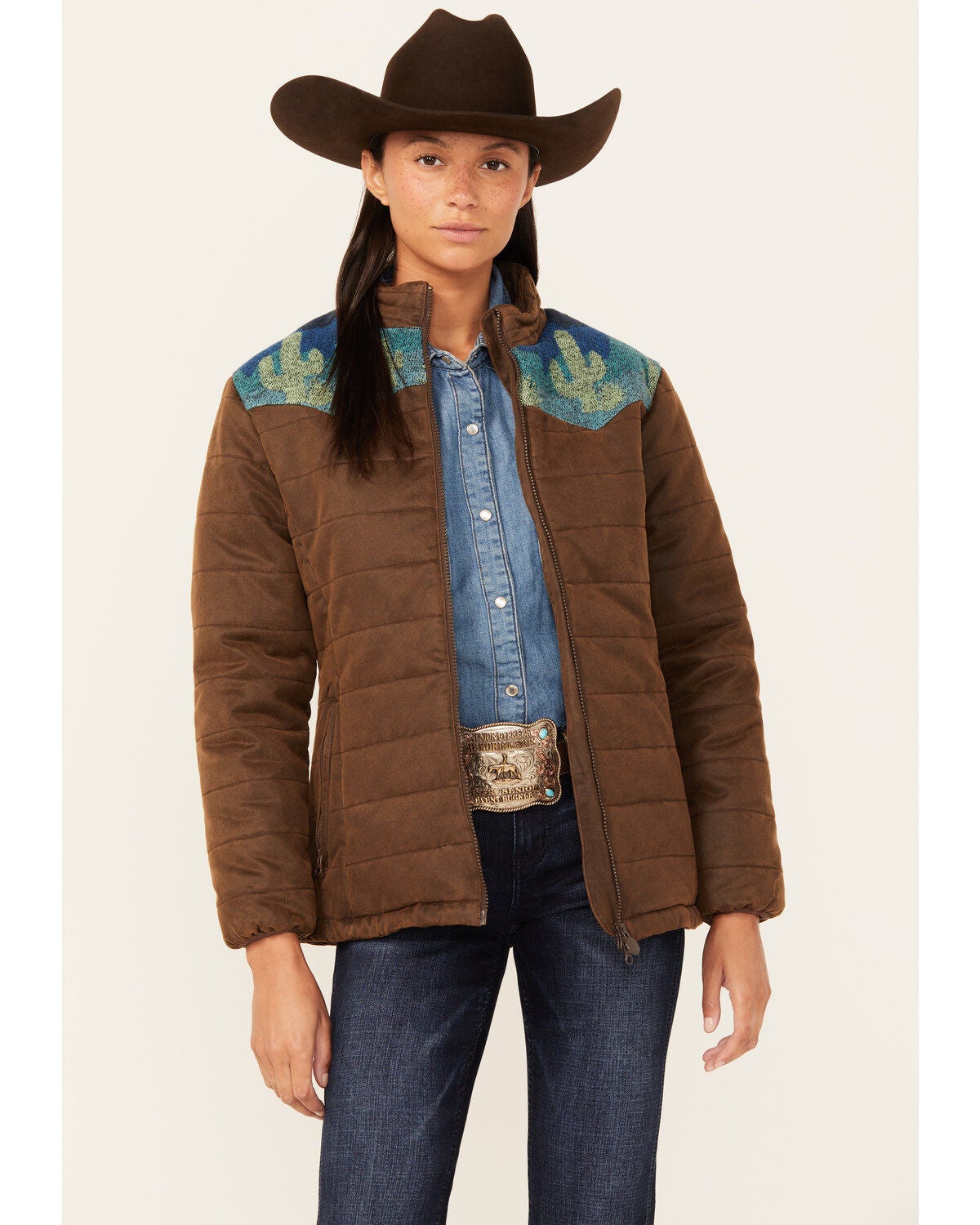 Outback Trading Co Women's Western Printed Yoke Puffer Aspen Jacket, Brown, hi-res