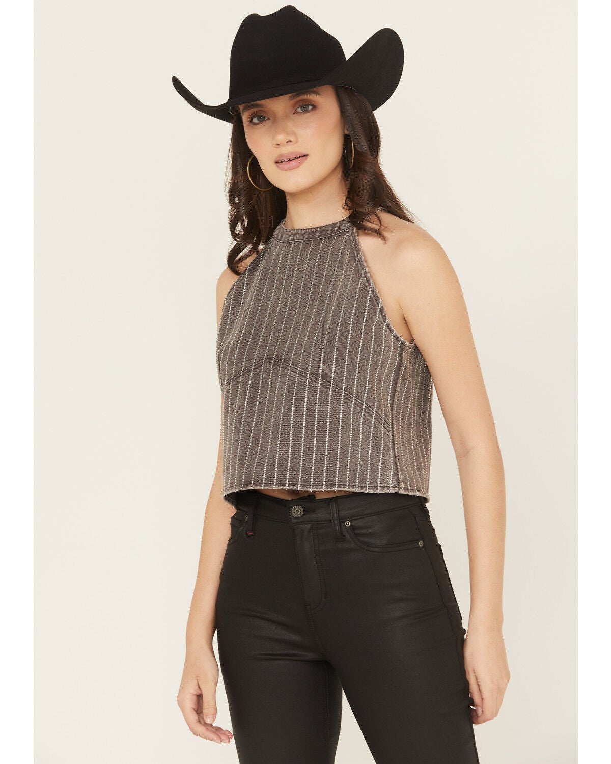 Blue B Women's Sleeveless Rhinestone Striped Halter Denim Top, Black, hi-res