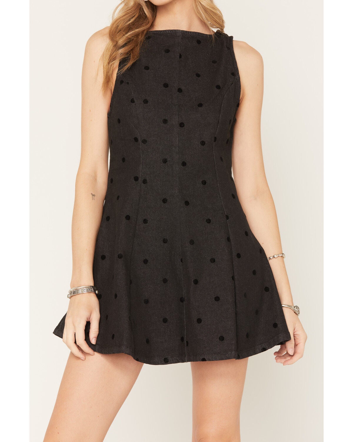 Image #3 - Cleo + Wolf Women's Polka Dot Denim Sleeveless Mini Dress, Black, hi-res
