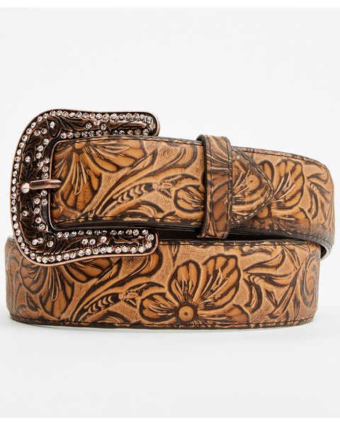 Shyanne Women's Floral Print Leather Belt , Brown, hi-res