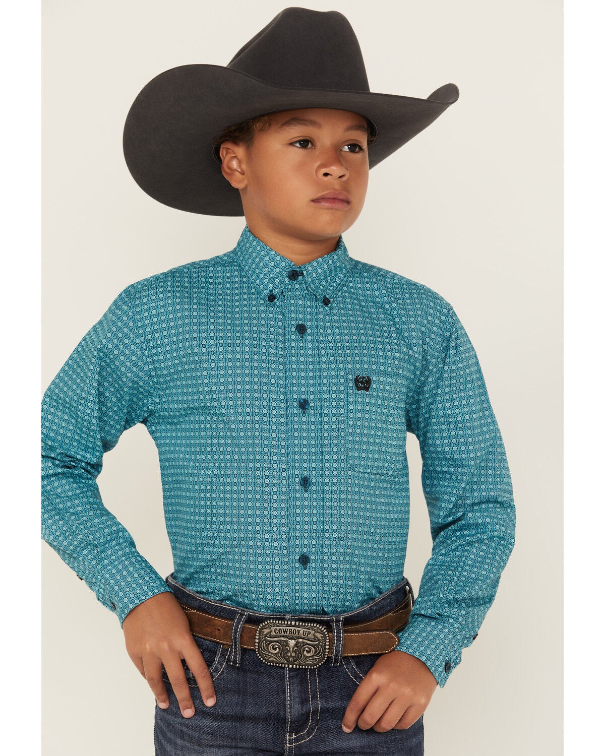 Cinch Boys' Printed Long Sleeve Button-Down Western Shirt, Turquoise, hi-res