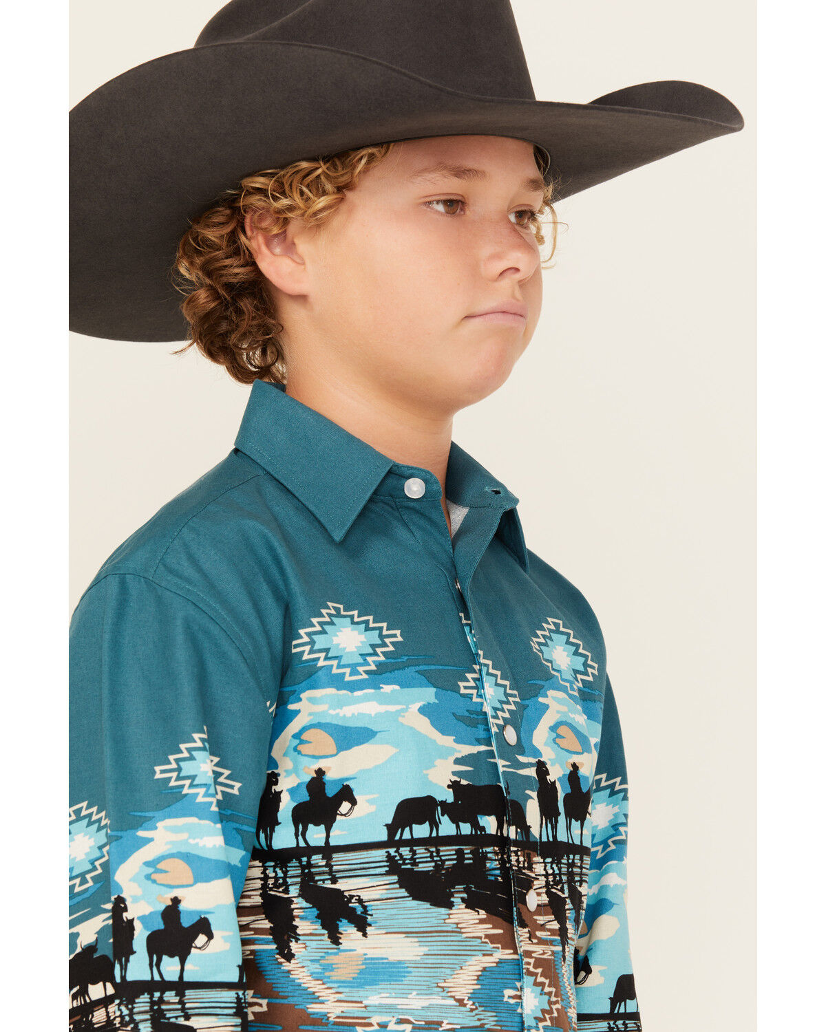 Image #2 - Panhandle Boys' Cowboy Border Print Long Sleeve Snap Western Shirt, Teal, hi-res