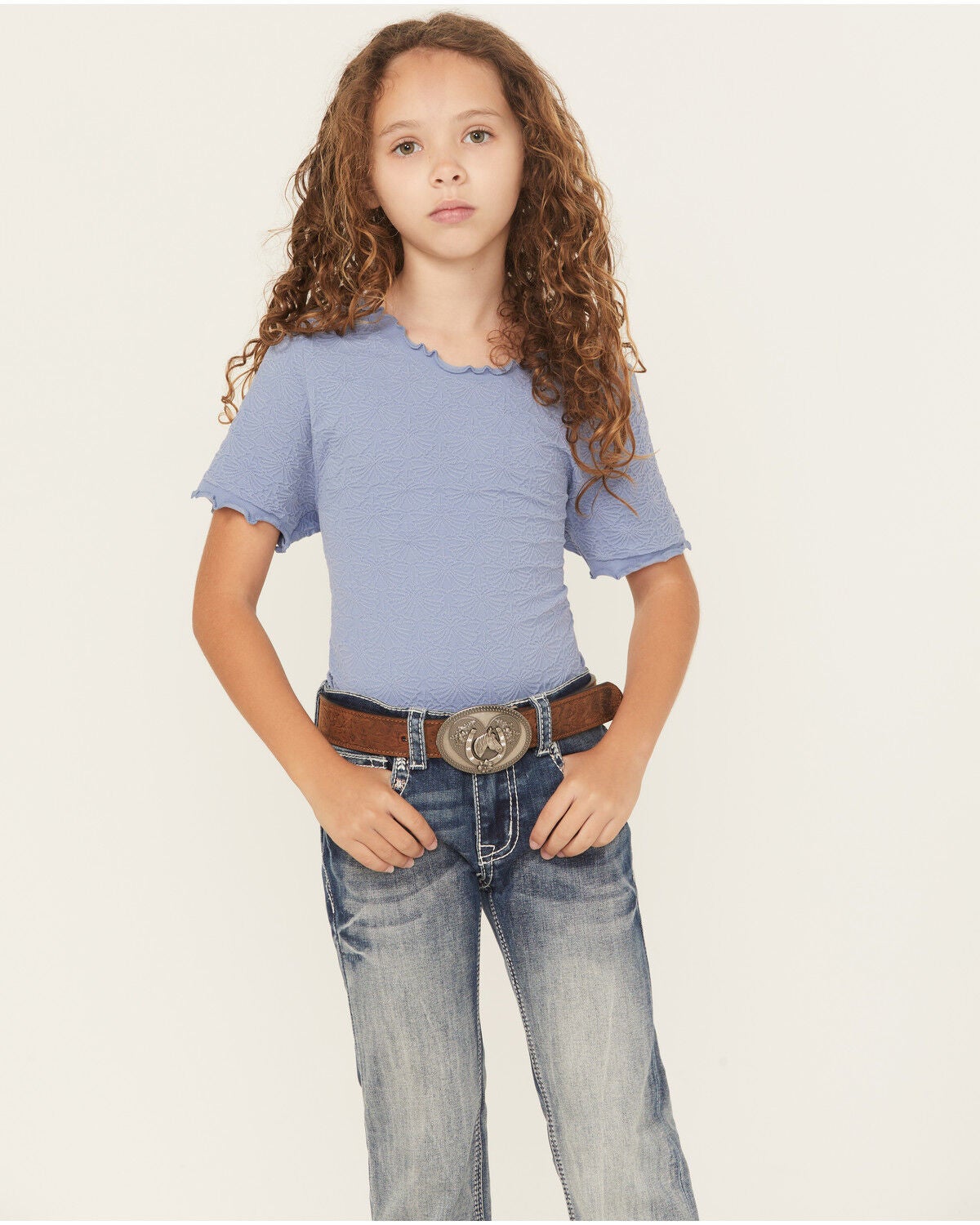Fornia Girls' Solid Lettuce Edge Short Sleeve Top, Blue, hi-res