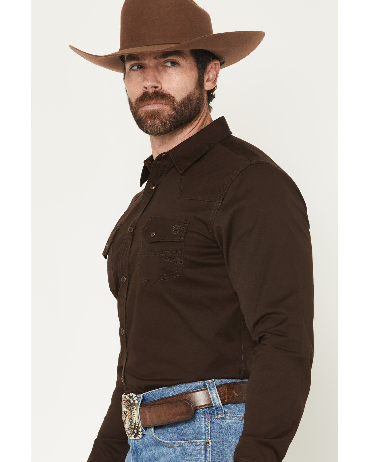 Image #2 - Blue Ranchwear Men's Ranch Life Solid Long Sleeve Snap Stretch Western Shirt, Brown, hi-res
