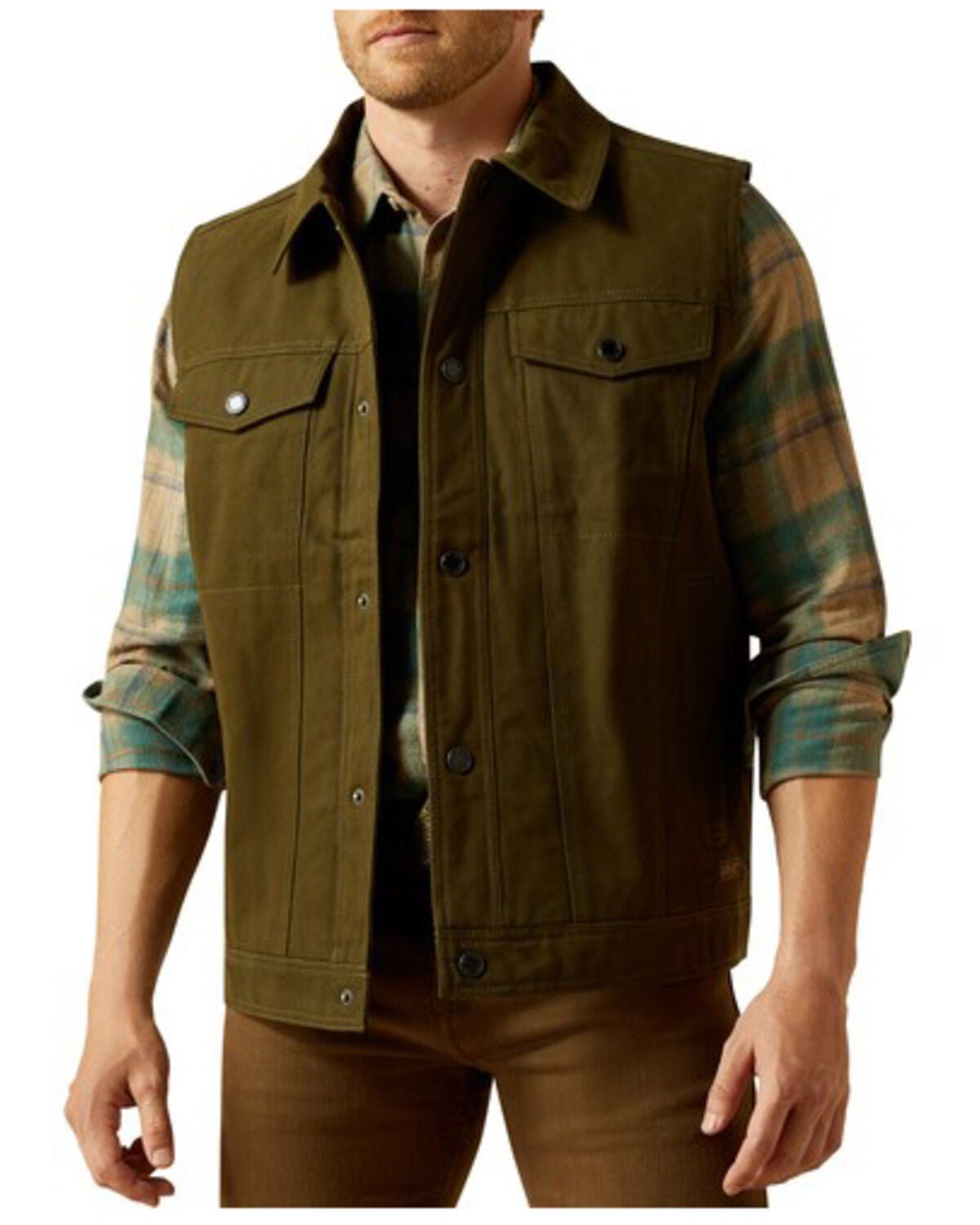 Ariat Men's Solid Unlined Canvas Rancher Vest, Brown, hi-res