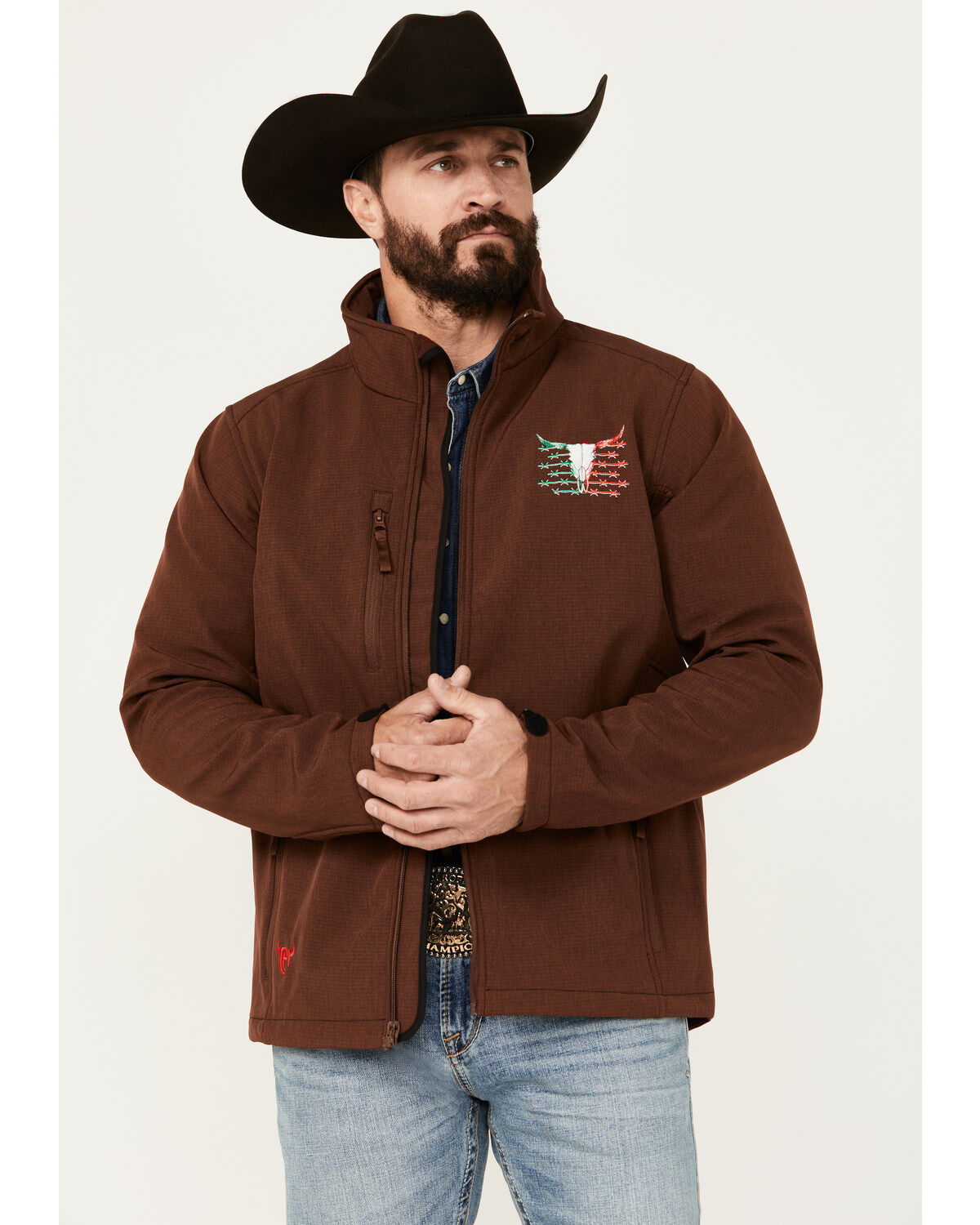 Image #1 - Cowboy Hardware Men's Viva Mexico Skull Softshell Jacket, Rust Copper, hi-res