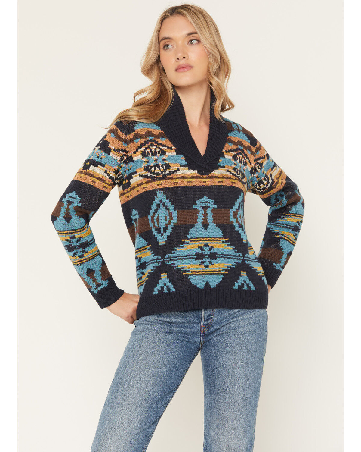 Shyanne Women's Southwestern Print Knit Sweater, Indigo, hi-res
