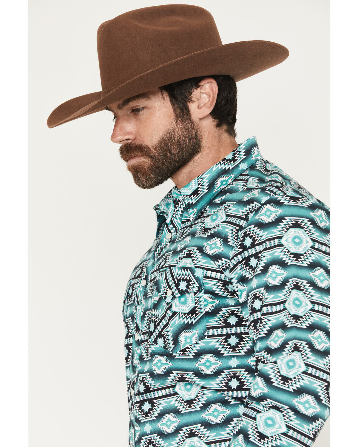 Image #2 - Rock & Roll Denim Men's Southwestern Print Long Sleeve Snap Stretch Western Shirt, Teal, hi-res