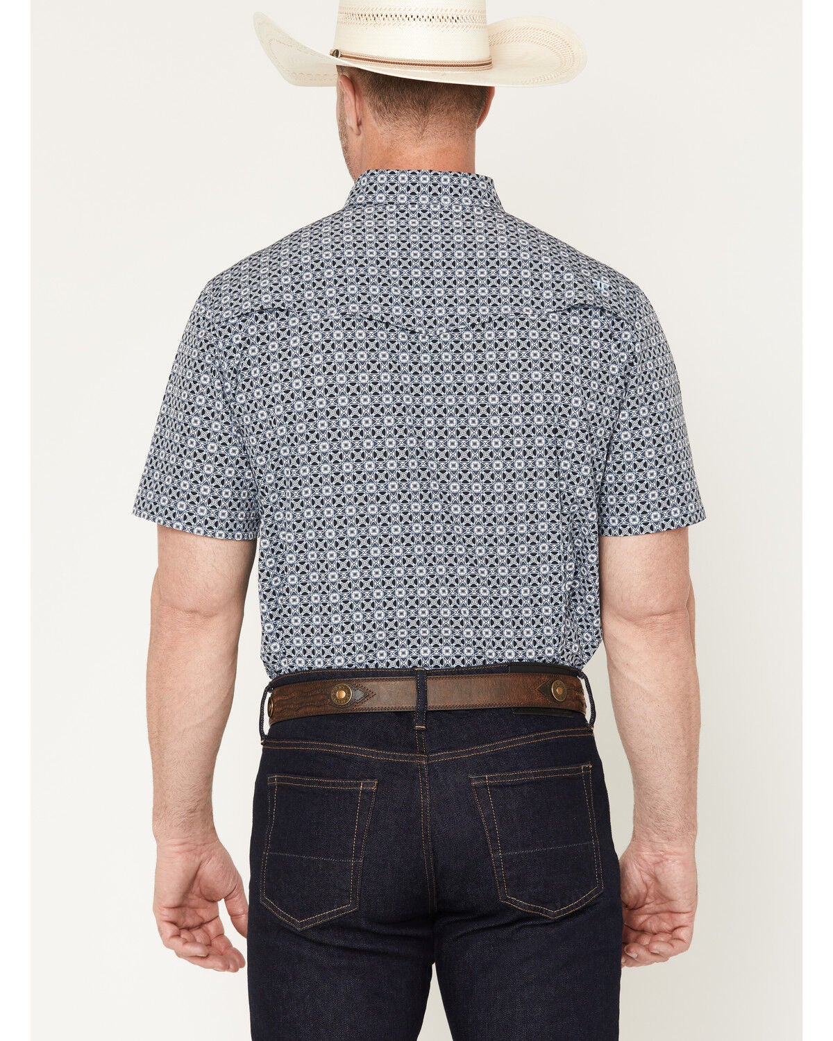 Image #4 - Ferrell Men's Emerson Tek Medallion Print Short Sleeve Pearl Snap Stretch Western Shirt, Blue, hi-res