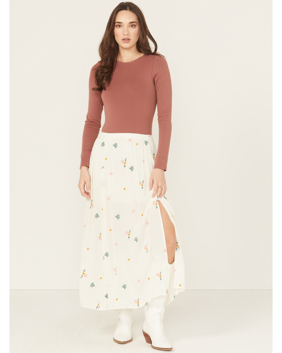 Rock & Roll Denim Women's Floral Embroidered Midi Skirt, Natural, hi-res