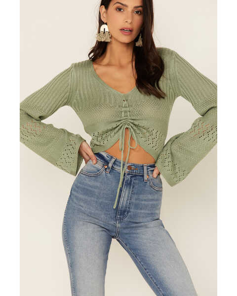 Lush Clothing Cinch Front Pointelle Bell Sleeve Top, Sage, hi-res