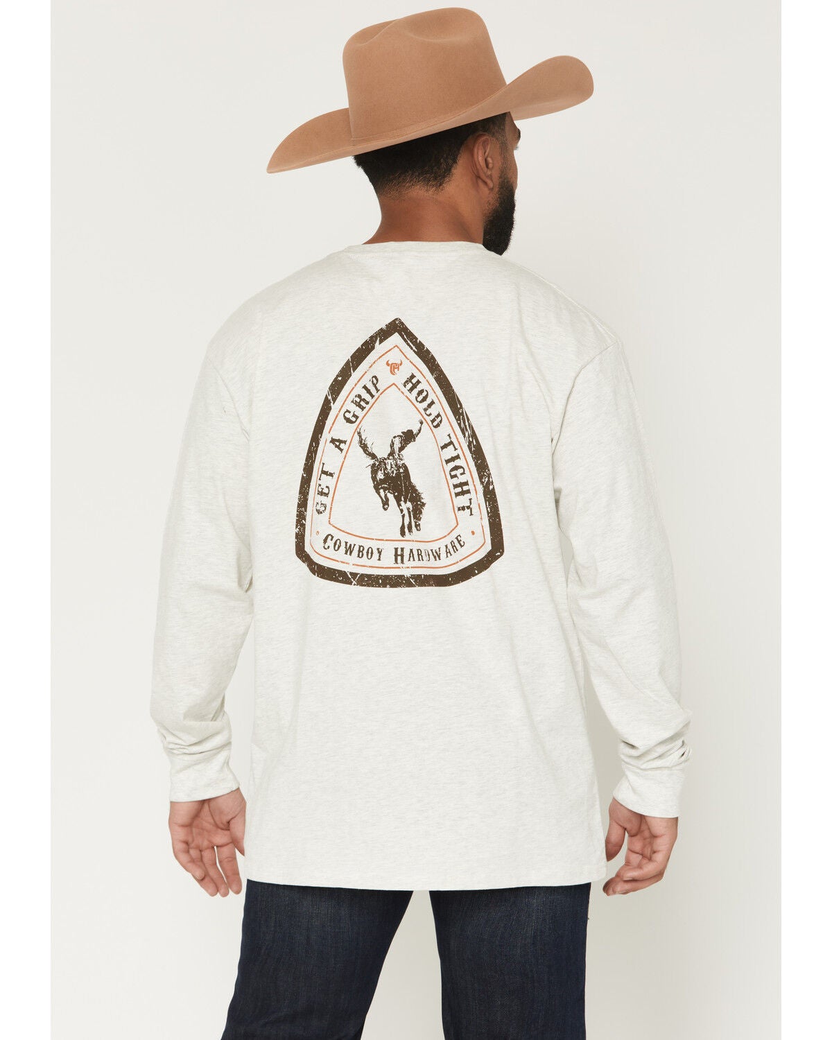 Cowboy Hardware Men's Get A Grip Hold Tight Long Sleeve Graphic T-Shirt, Oatmeal, hi-res