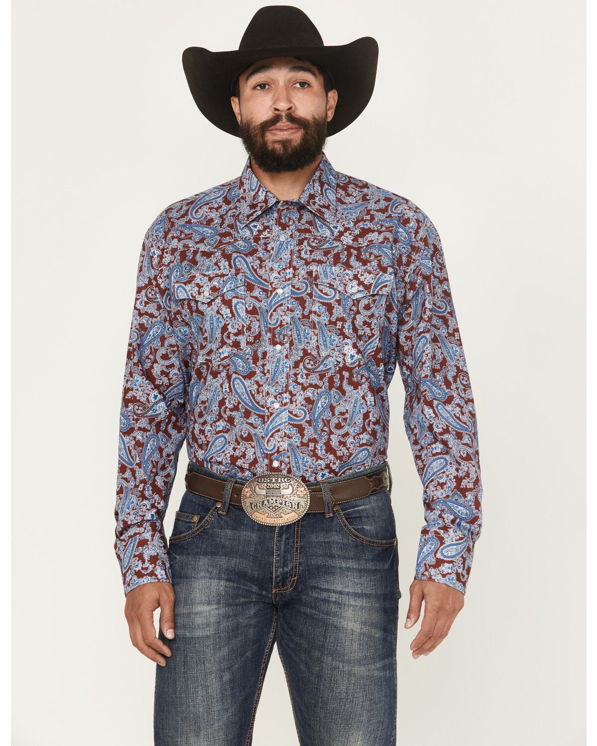 Roper Men's Paisley Print Long Sleeve Snap Western Shirt, Wine, hi-res