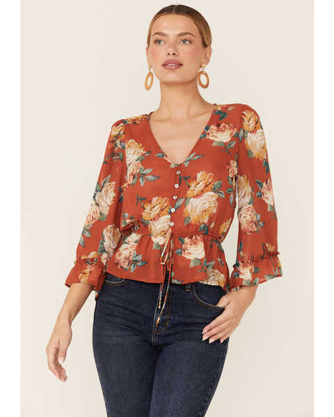 Image #1 - Wild Moss Women's Rust Floral Chiffon Bell Sleeve Blouse, Rust Copper, hi-res