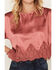 Image #3 - By Together Women's Solid Satin Lace Trim Short Sleeve Shirt, Red, hi-res