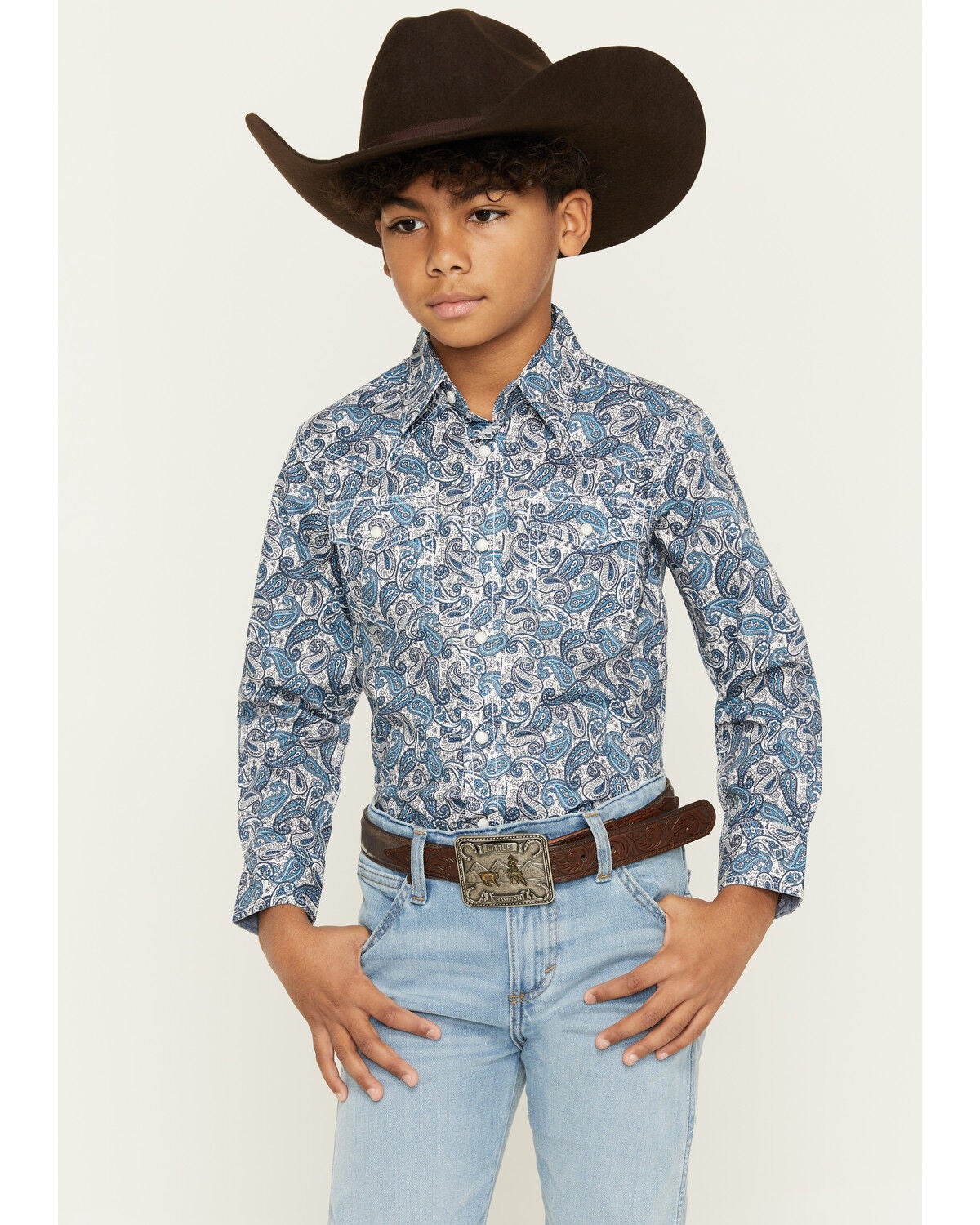 Wrangler 20X Boys' Paisley Print Long Sleeve Snap Stretch Western Shirt, White, hi-res