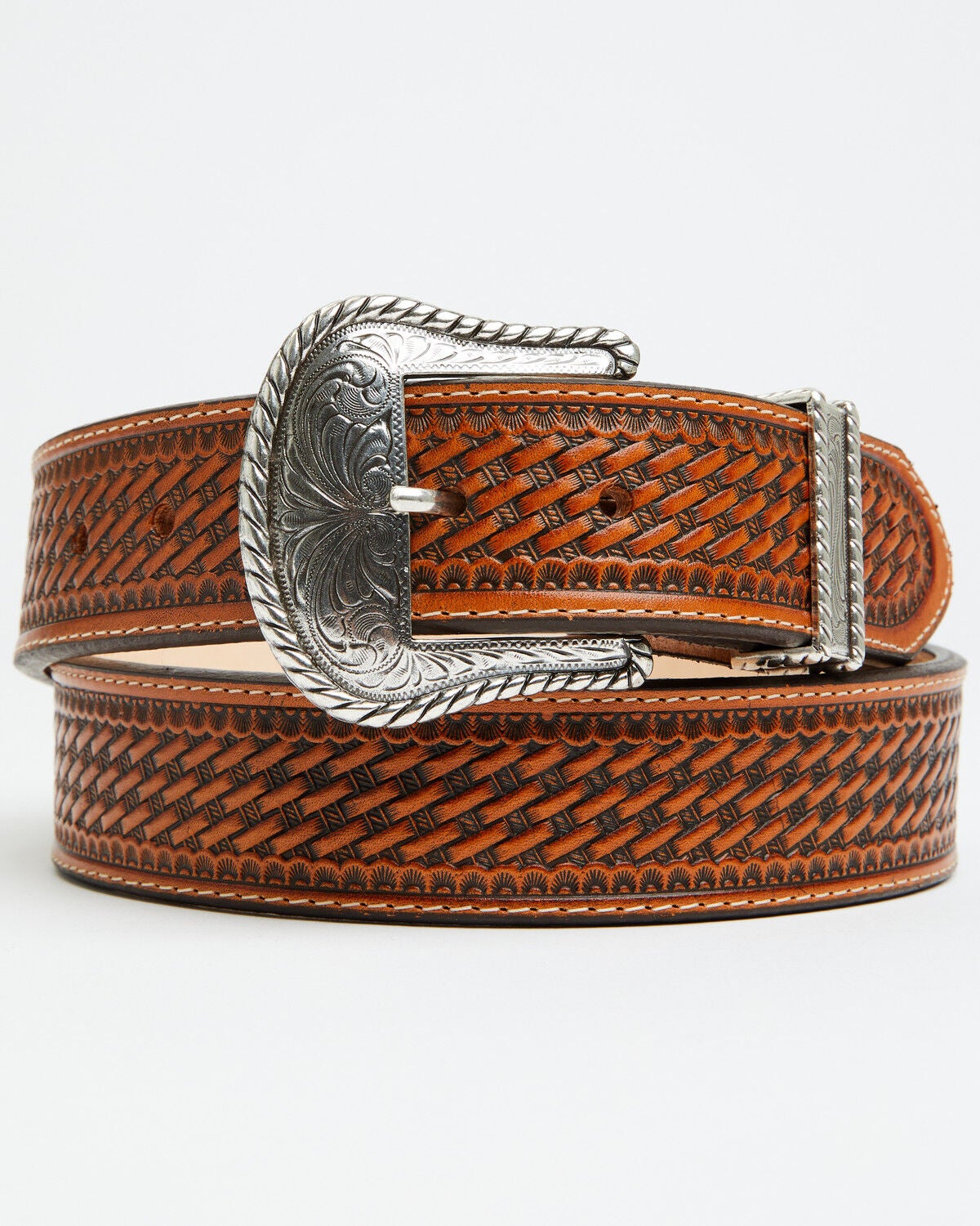 Image #1 - Justin Men's Bronco Basketweave Leather Belt, Tan, hi-res