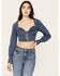 Shyanne Women's Medium Wash Denim Cropped Long Sleeve Corset Top, Dark Medium Wash, hi-res