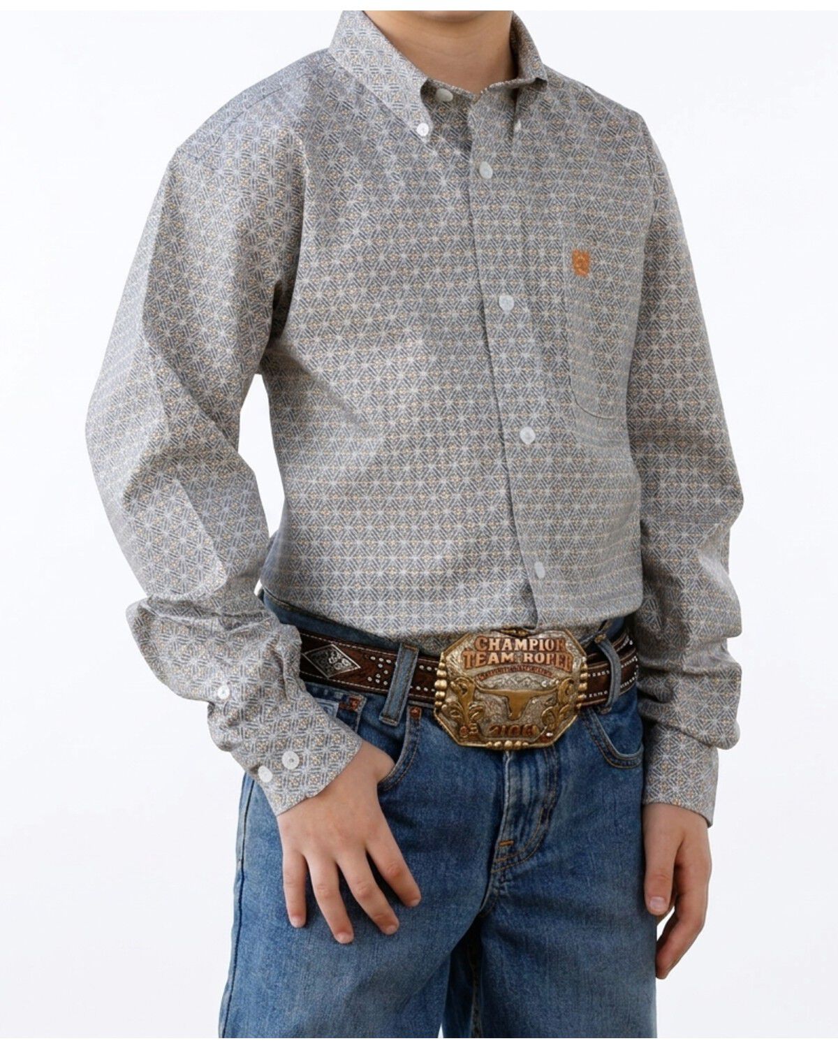 Cinch Boys' Geo Print Long Sleeve Button-Down Stretch Western Shirt, White, hi-res