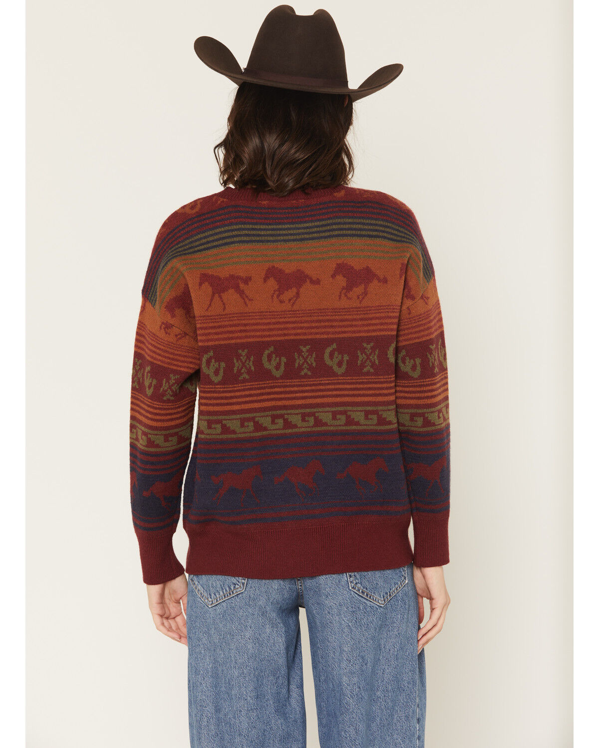 Image #4 - Panhandle Slim Women's Horse Striped Sweater, Rust Copper, hi-res