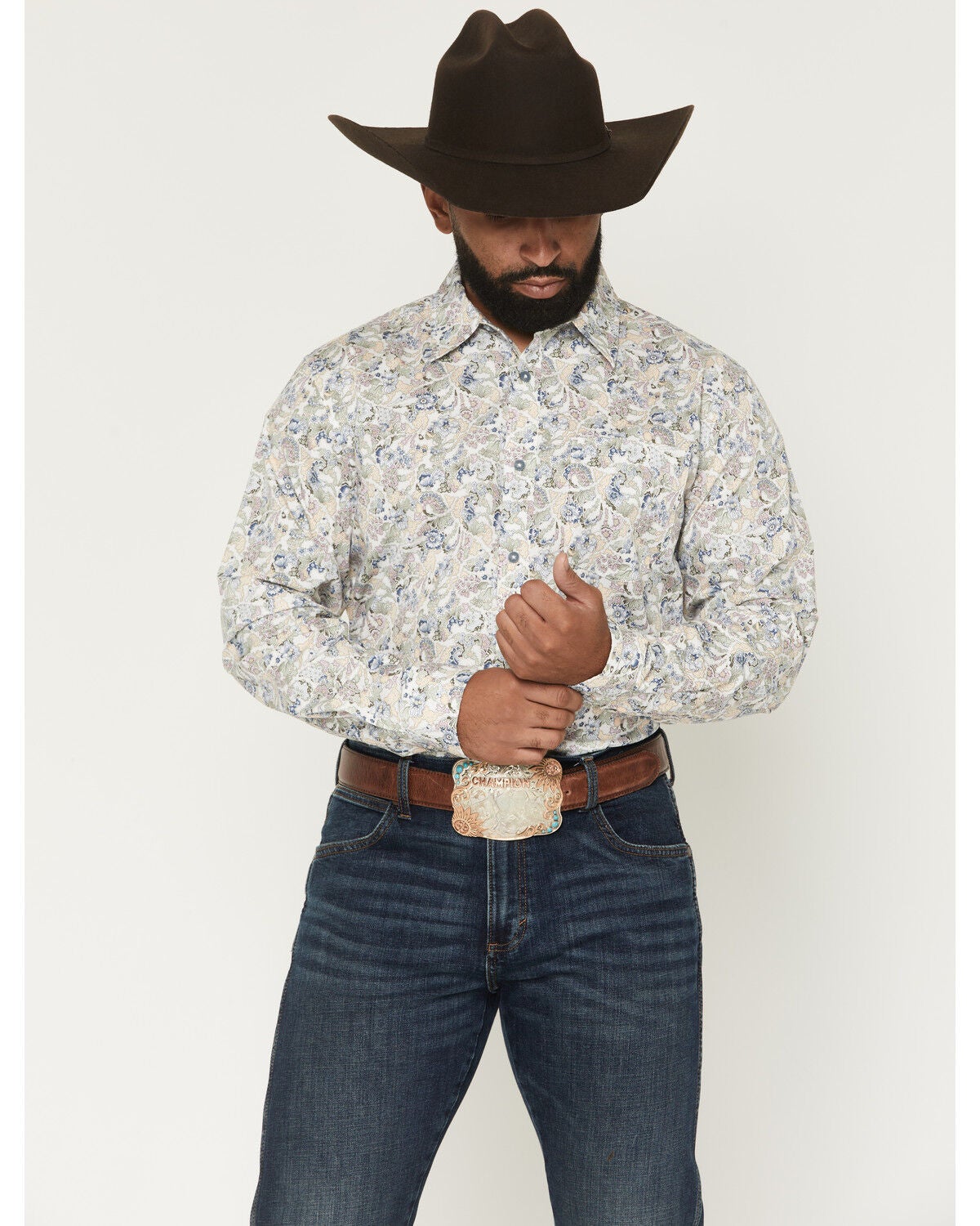Image #1 - Gibson Trading Co Men's Wall Flower Paisley Print Long Sleeve Button-Down Western Shirt, White, hi-res
