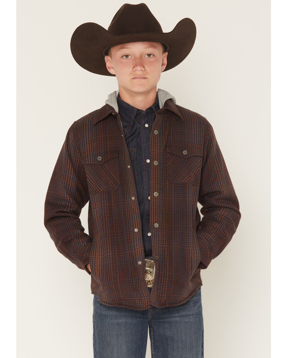Image #1 - Ariat Boys' Retro Plaid Print Snap Shirt Jacket with Hood, Brown, hi-res