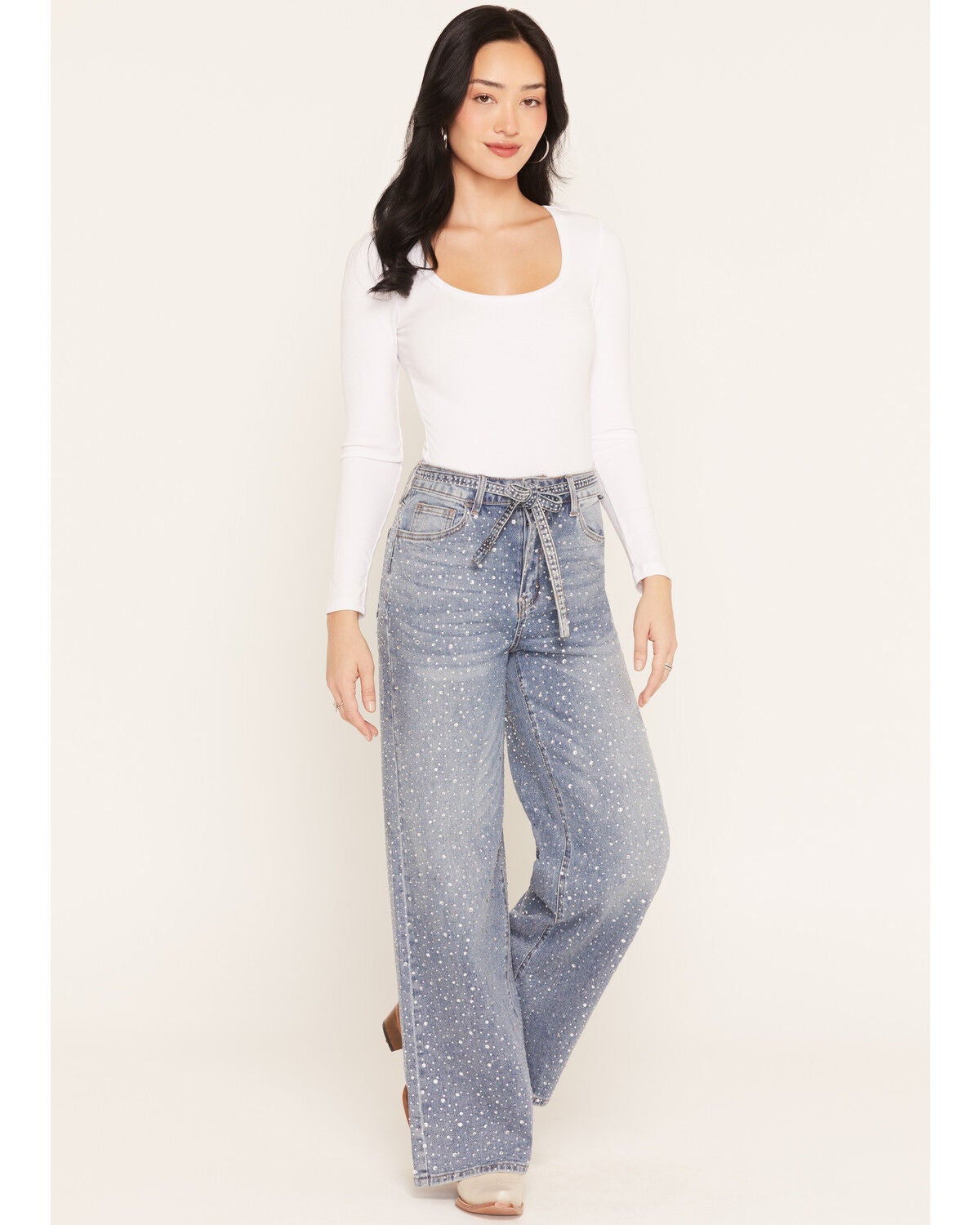 Image #1 - Cello Women's Medium Wash High Rise Rhinestone Embellished Wide Stretch Denim Jeans, Medium Wash, hi-res