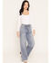 Image #1 - Cello Women's Medium Wash High Rise Rhinestone Embellished Wide Stretch Denim Jeans, Medium Wash, hi-res