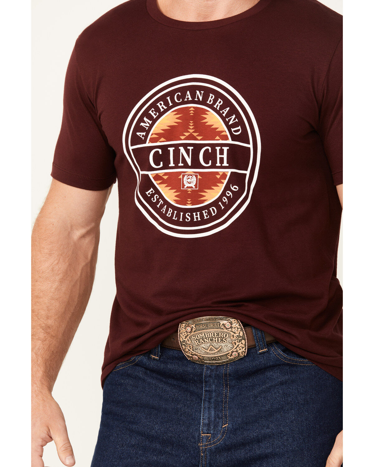Image #3 - Cinch Men's Boot Barn Exclusive Southwestern Circle Logo Short Sleeve Graphic T-Shirt, Burgundy, hi-res