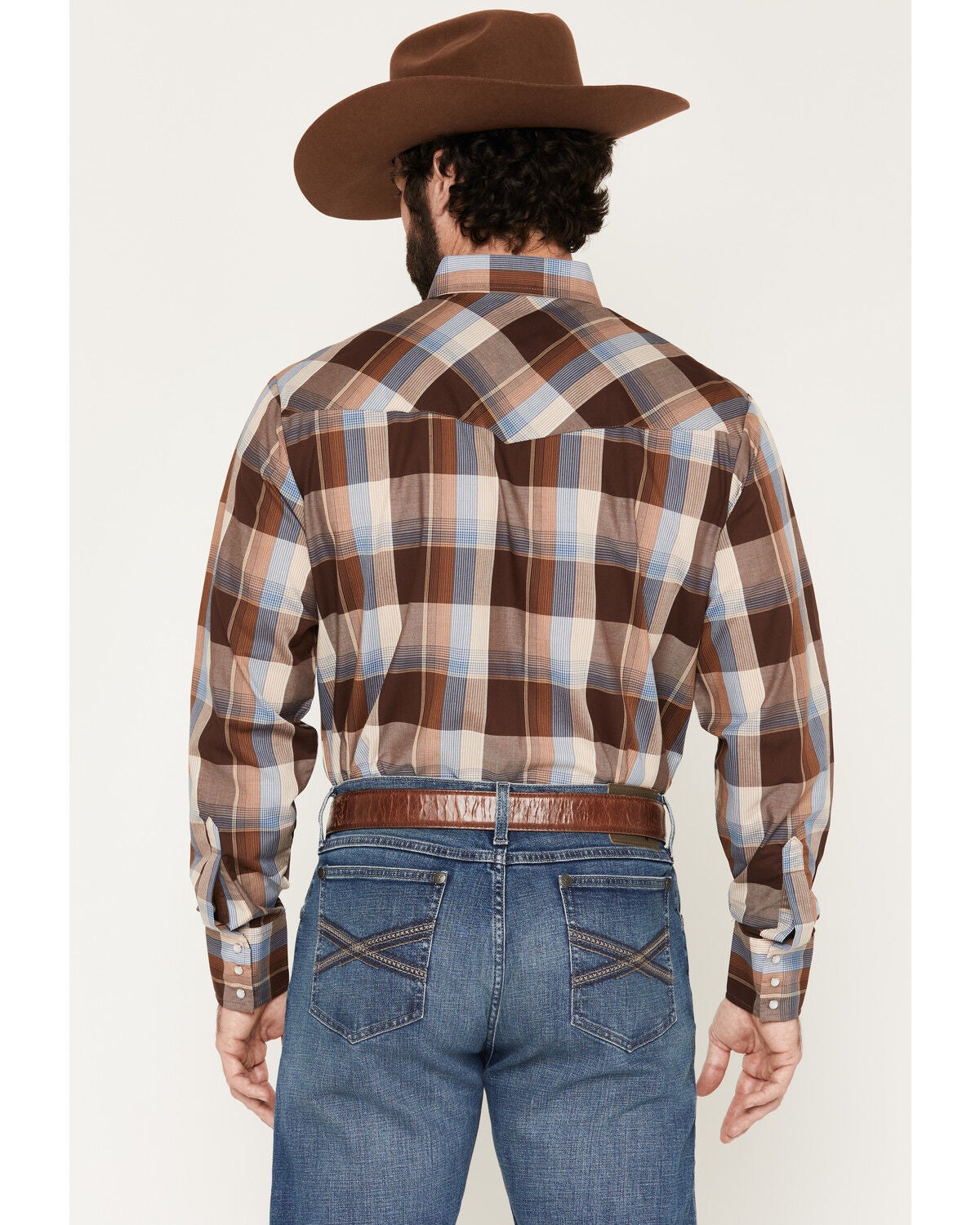 Image #4 - Ely Walker Men's Plaid Print Long Sleeve Pearl Snap Western Shirt, Chocolate, hi-res