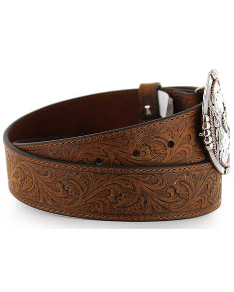 Cody James® Men's Tooled Leather Belt and Buckle, Tan, hi-res