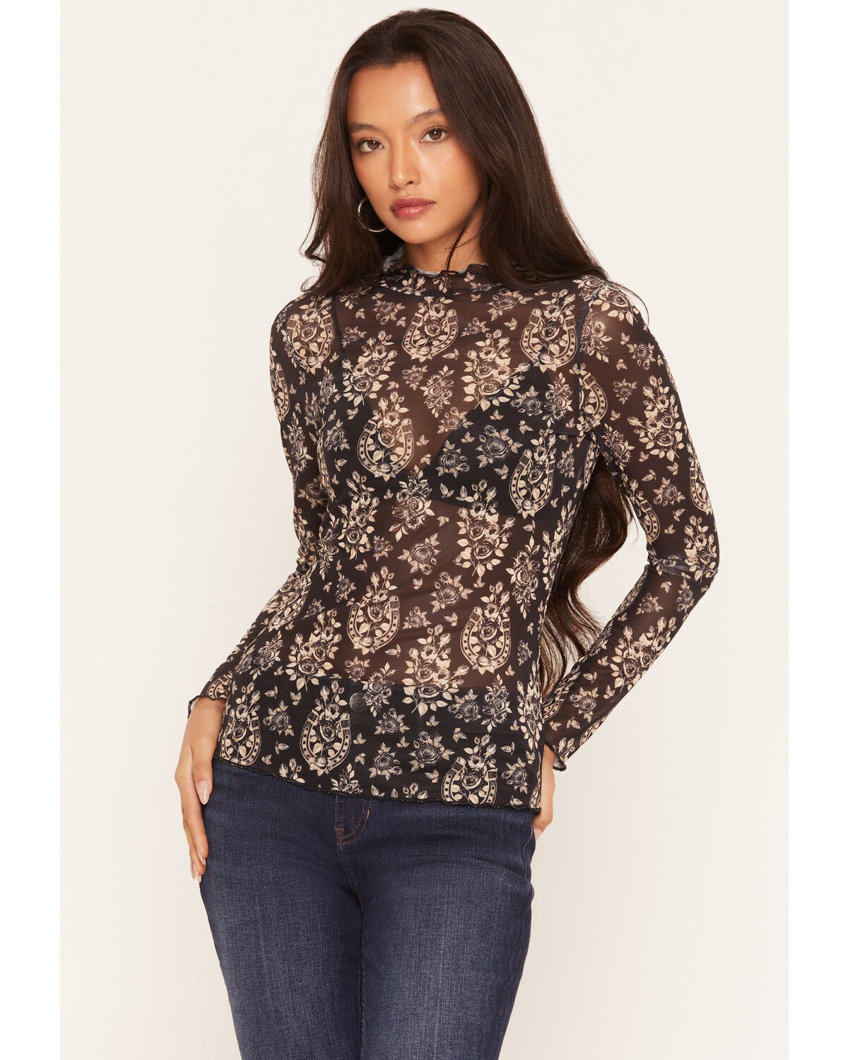 Wonderwest Women's Floral Horseshoe Print Long Sleeve Mesh Top, Black, hi-res