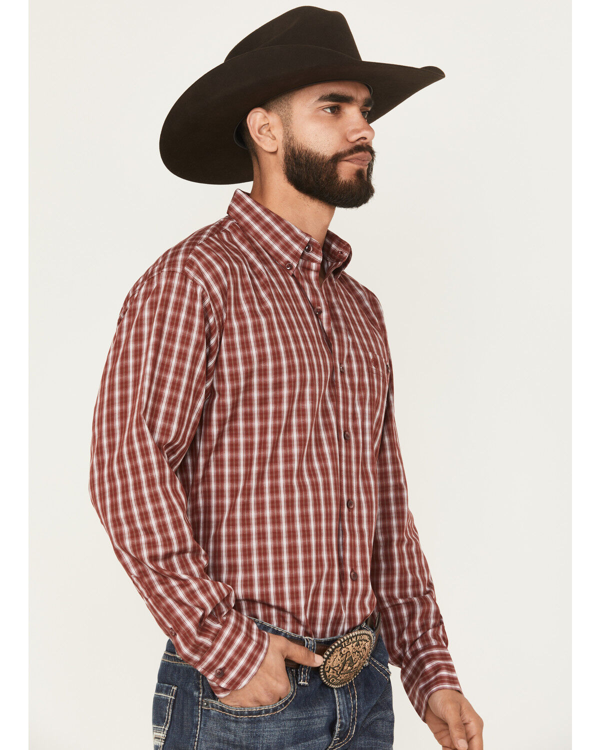 Image #2 - Wrangler Men's Plaid Print Long Sleeve Button-Down Stretch Western Shirt, Burgundy, hi-res