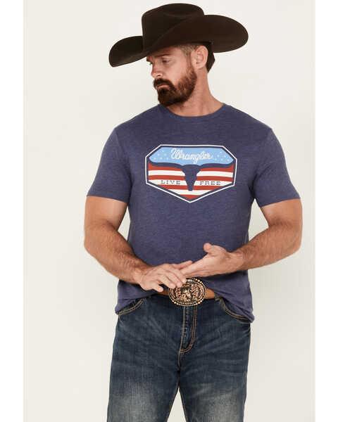 Wrangler Men's Boot Barn Exclusive Bull Skull American Short Sleeve Graphic T-Shirt, Blue, hi-res