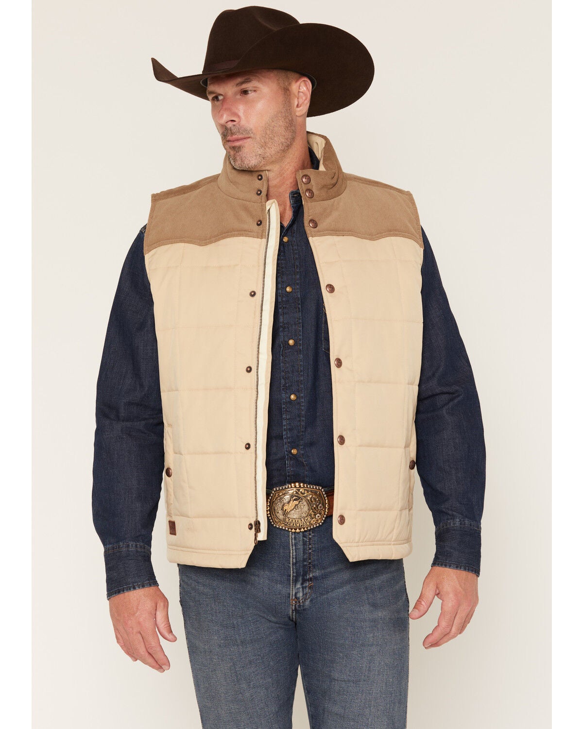 Zach Top X Kimes Ranch Men's Colorblock Corduroy Puffer Vest, Khaki, hi-res