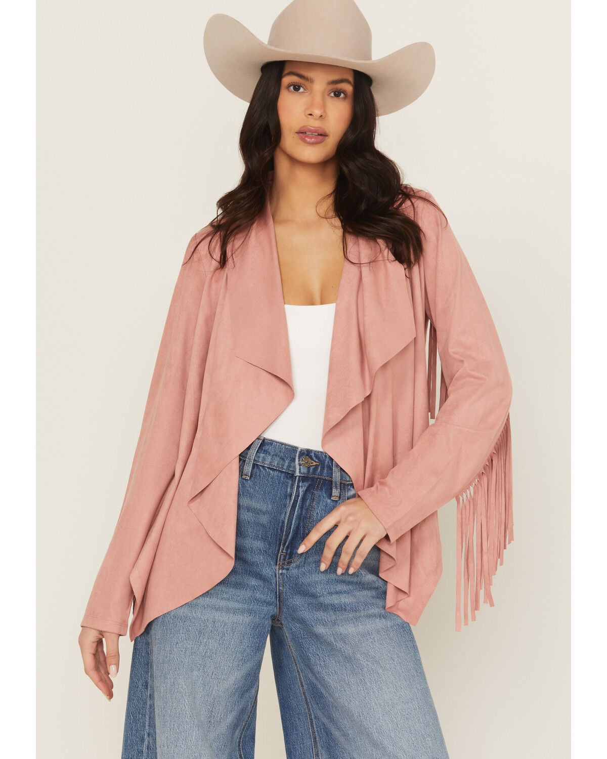 Shyanne Women's Cascade Front Fringe Faux Suede Fringe Jacket, Mauve, hi-res