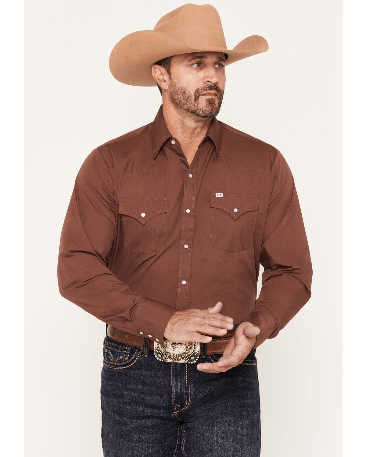 Ely Walker Men's Solid Long Sleeve Pearl Snap Western Shirt, Burgundy, hi-res