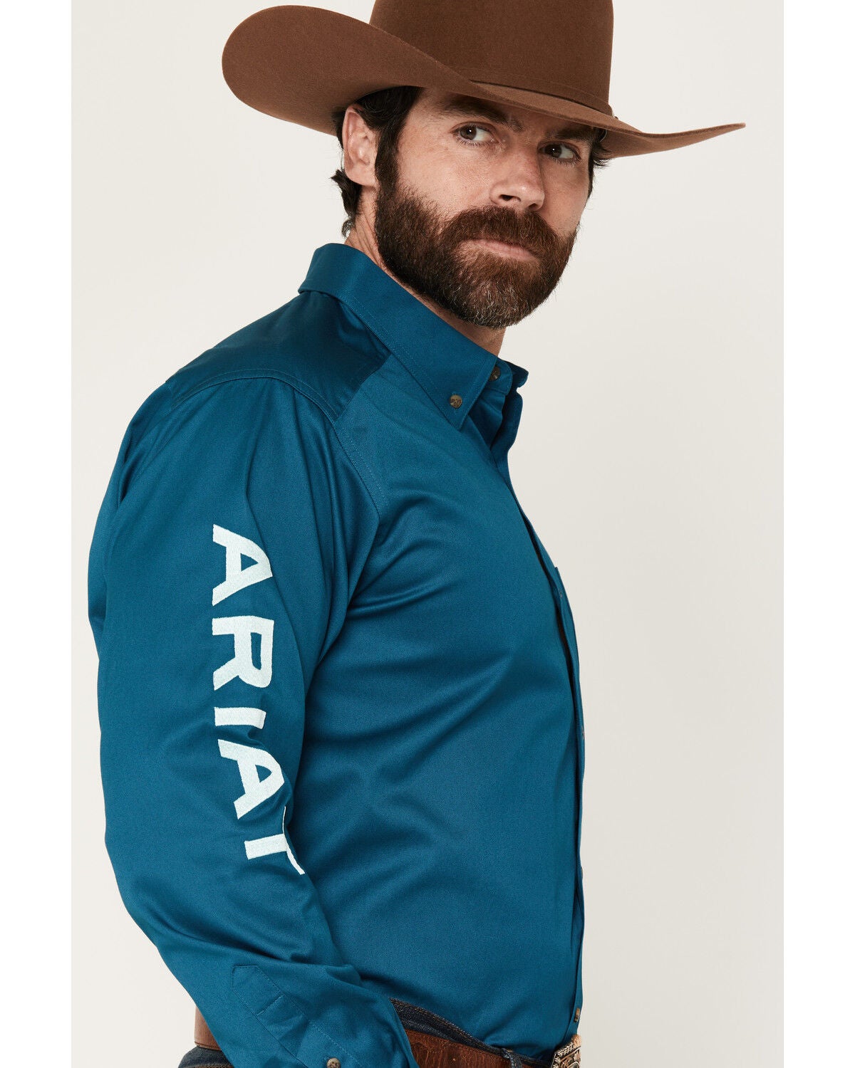 Image #3 - Ariat Men's Team Logo Solid Long Sleeve Button-Down Western Shirt, Teal, hi-res