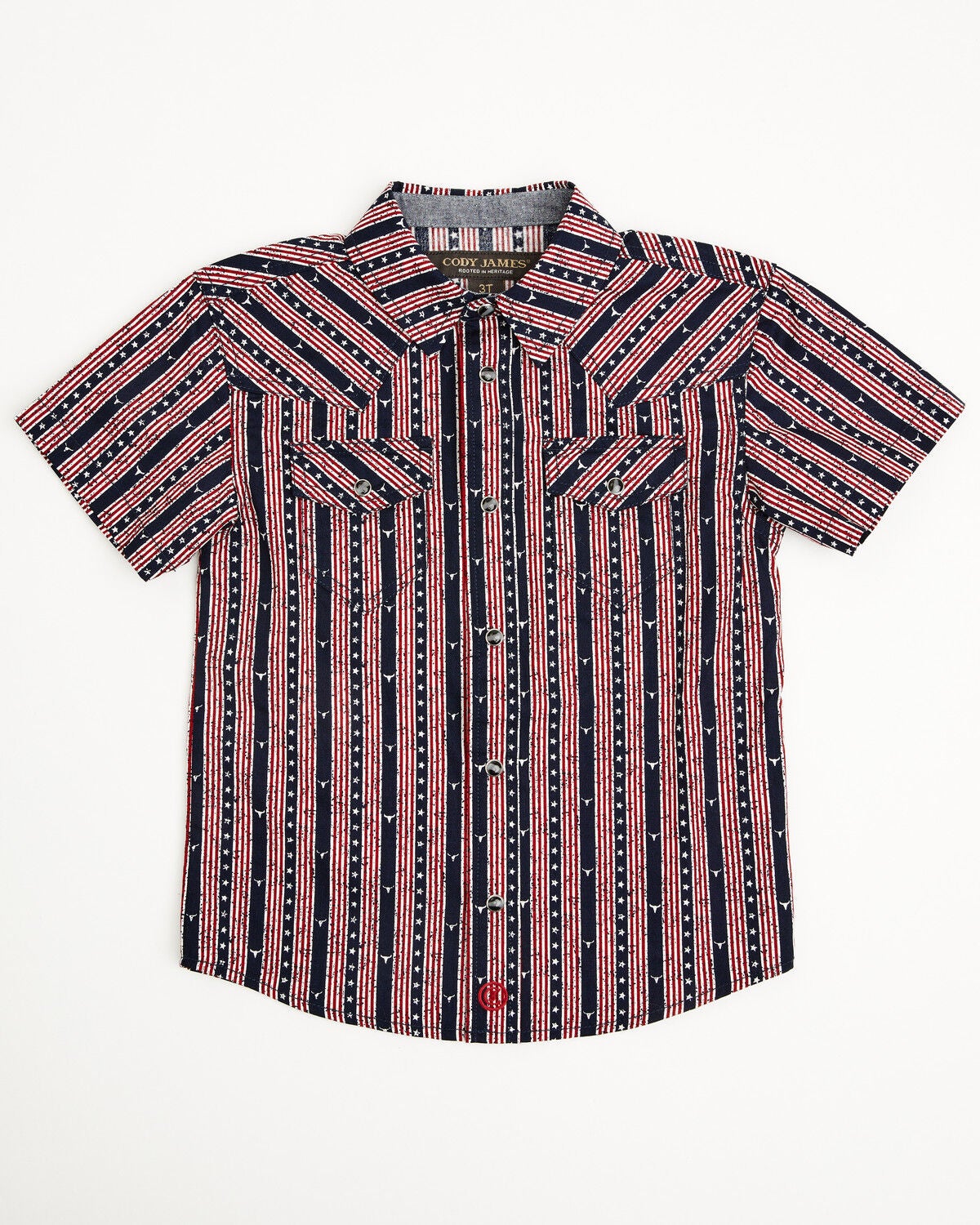 Image #1 - Cody James Toddler Boys' Steer Head Stars & Stripes Short Sleeve Snap Western Shirt, Navy, hi-res