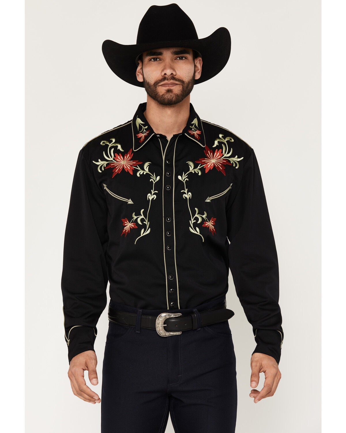 Image #1 - Scully Men's Floral Embroidered Vintage Long Sleeve Snap Western Shirt, Black, hi-res