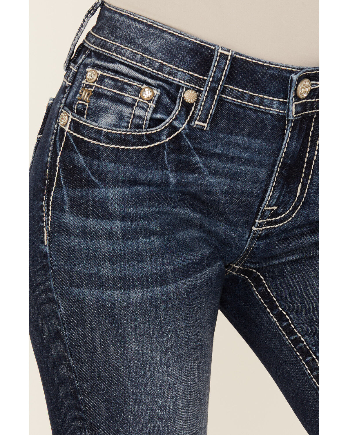 Image #4 - Miss Me Women's Dark Wash Mid Rise Faux Flap Pocket 30" Bootcut Stretch Denim Jeans, Dark Wash, hi-res