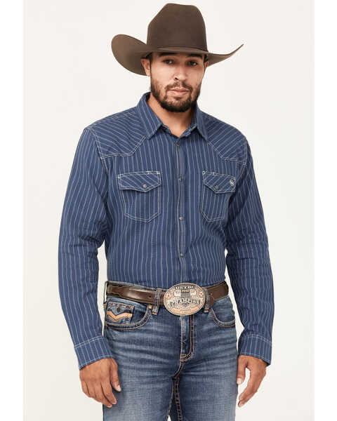 Blue Ranchwear Men's Vintage Striped Long Sleeve Snap Western Shirt, Navy, hi-res