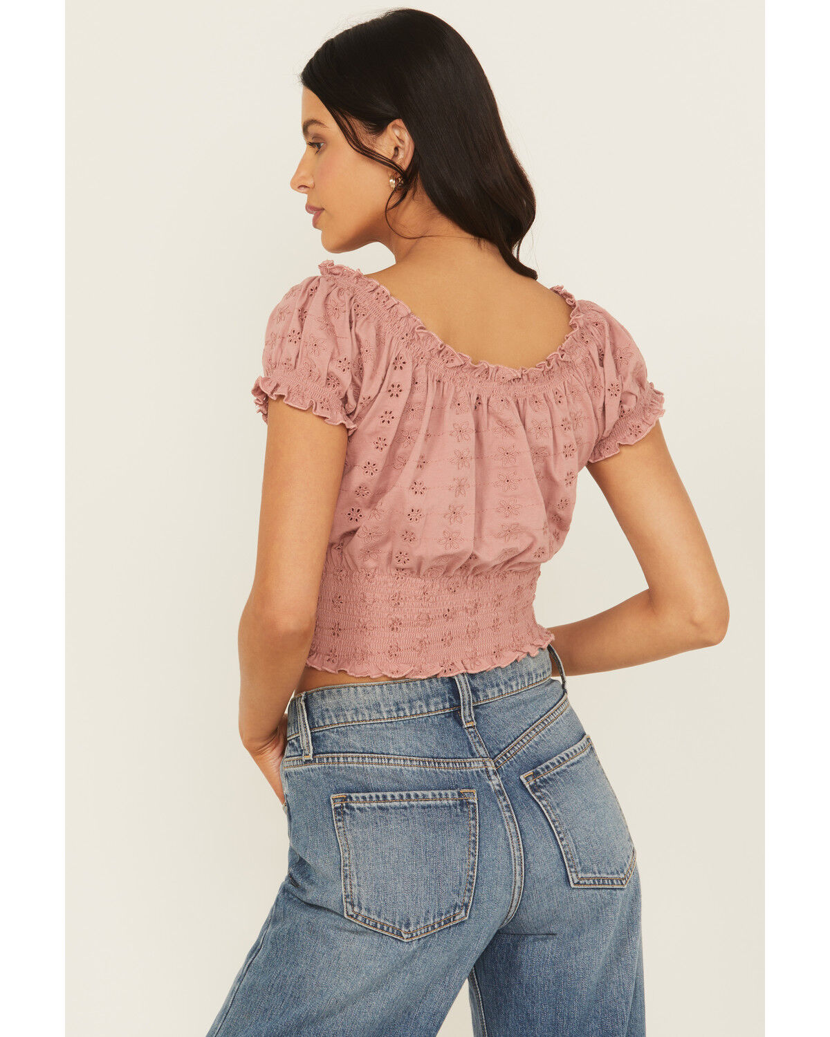 Image #4 - Cleo + Wolf Women's Eyelet Smocked Short Sleeve Crop Top, Rose, hi-res