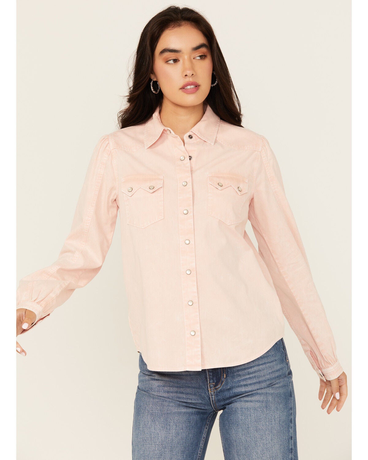 Cruel Girl Women's Solid Long Sleeve Pearl Snap Western Shirt, Pink, hi-res