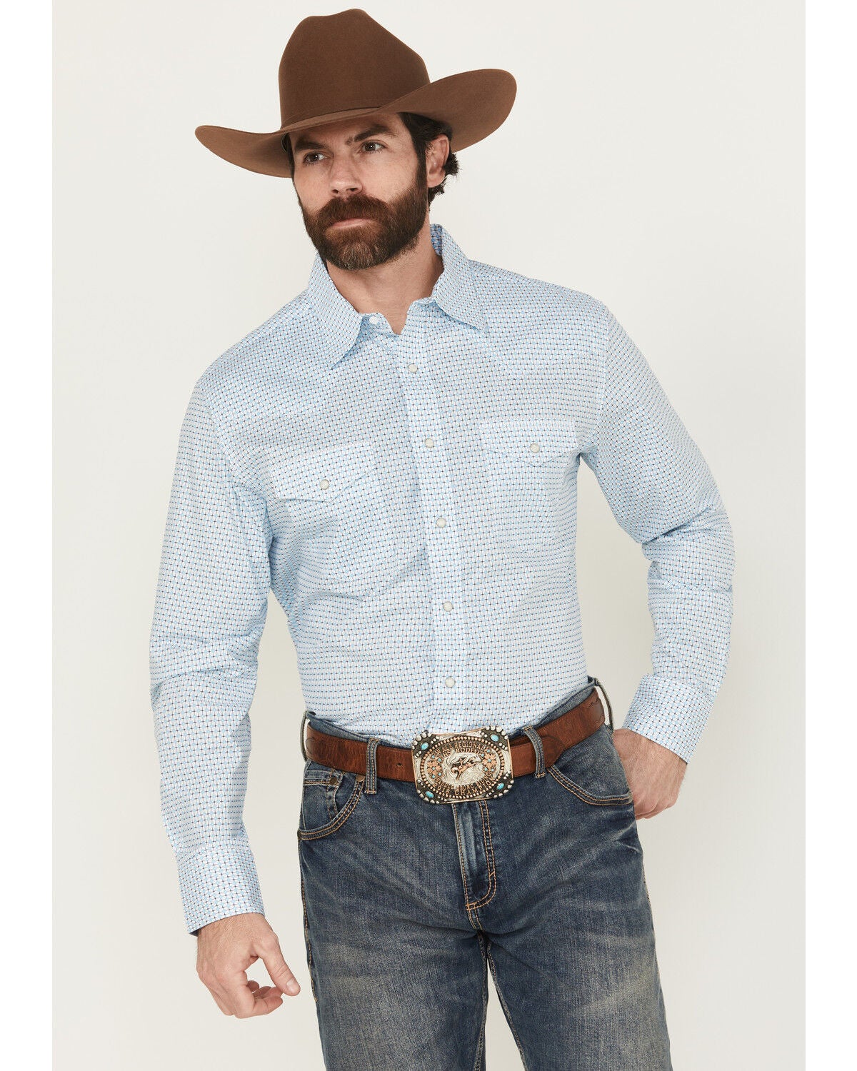 Wrangler Men's 20X Geo Print Long Sleeve Snap Stretch Western Shirt, White, hi-res