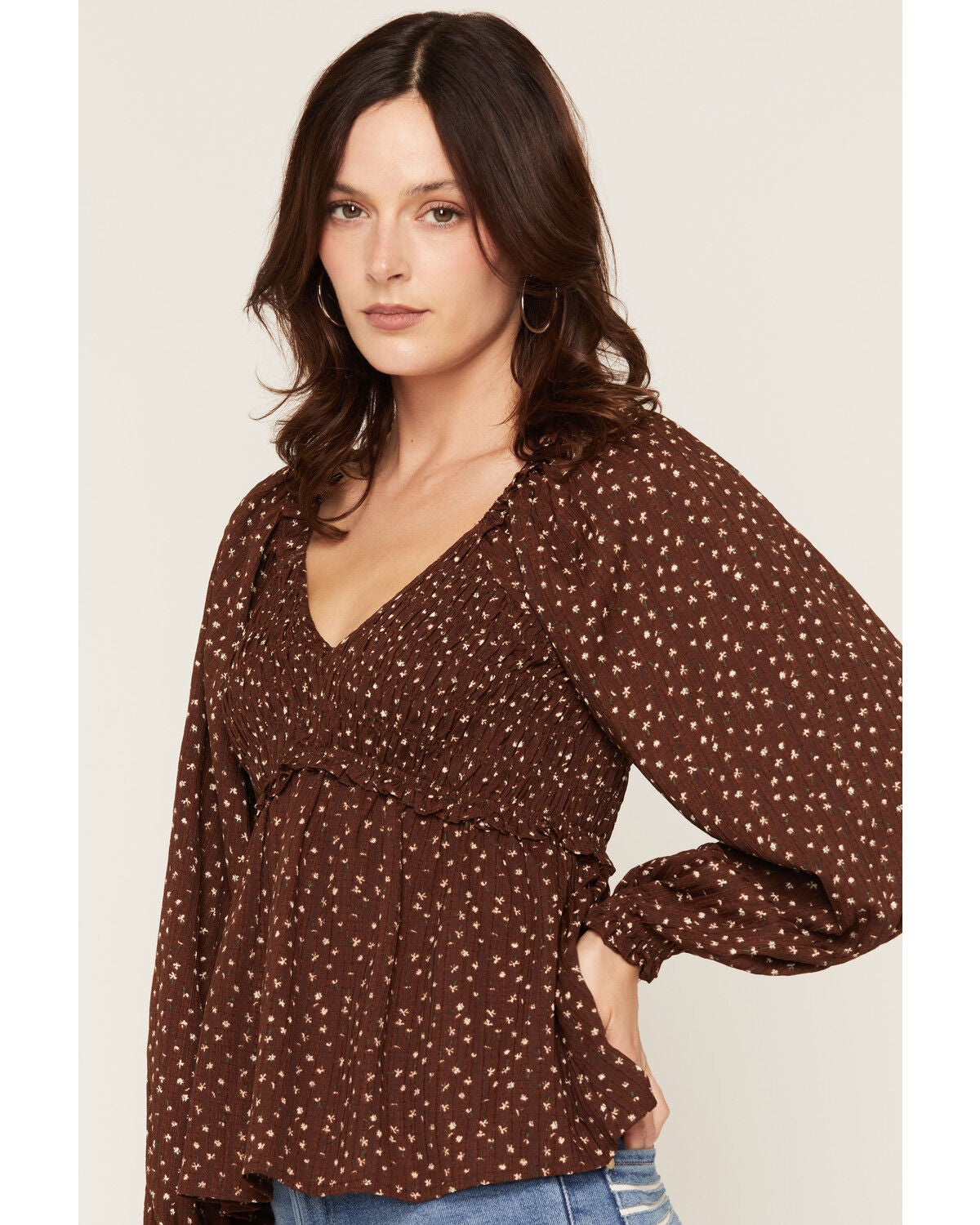 Image #2 - Yura Women's Floral Print Long Sleeve Shirt, Brown, hi-res
